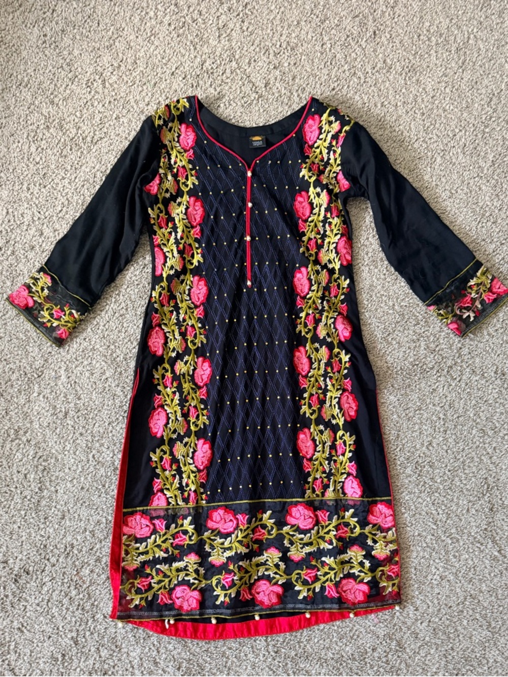 Black Floral Embroidered Women’s Dress with Pink Roses
